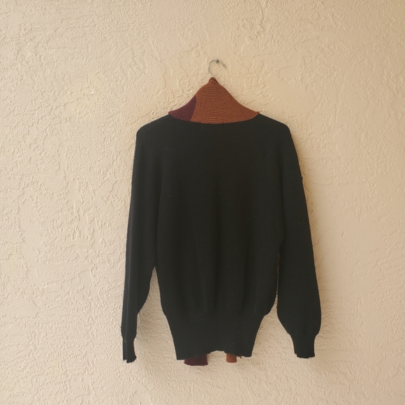 Vintage Black Wool Color Block Pull Over Style Unisex Sweater Attached Scarf L - Picture 10 of 11